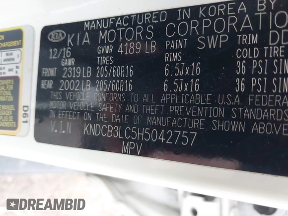 2017 Kia Niro FE with VIN KNDCB3LC5H5042757, listed as a IAAI auction lot 41410857 with 114,267 mi miles. Bid and sale history available at carsss.com. Image 9.