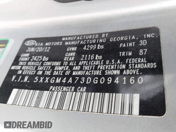 2013 Kia Optima LX z VIN 5XXGM4A73DG094160, wystawiony jako IAAI lot #41523337 z przebiegiem Nie podano mil oraz . Historia ofert i sprzedaży dostępna na DreamBid. Obrazek 9.