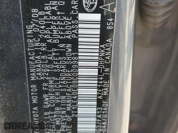 2009 Toyota Matrix S с VIN 2T1LE40E09C009981, выставлен на аукционе Copart как лот 60714545 с пробегом 139 828 миль миль и Чистый • Clean title. История ставок и продаж доступна на DreamBid. Изображение 12.