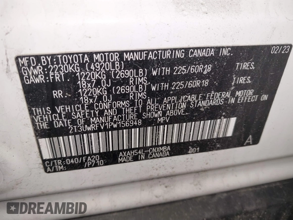 2023 Toyota RAV4 Hybrid XLE with VIN 2T3UWRFV1PW156948, listed as a IAAI auction lot 41556334 with 21,196 mi miles. Bid and sale history available at carsss.com. Image 9.