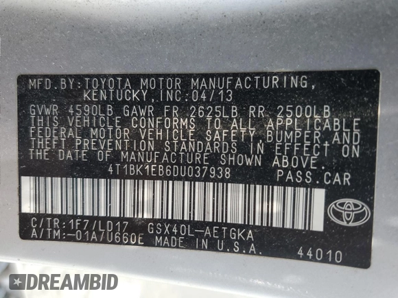2013 Toyota Avalon XLE with VIN 4T1BK1EB6DU037938, listed as a Copart auction lot 62709525 with 104,616 mi miles and Salvage title. Bid and sale history available at DreamBid. Image 12.