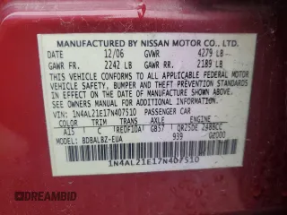 2007 Nissan Altima 2.5 with VIN 1N4AL21E17N407510, listed as a Copart auction lot 44767725 with 186,527 mi miles and Salvage Title. Bid and sale history available at carsss.com. Image 13.