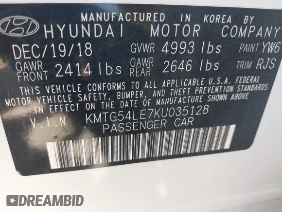 2019 Genesis G70 Advanced with VIN KMTG54LE7KU035128, listed as a IAAI auction lot 41805564 with 35,277 mi miles and . Bid and sale history available at carsss.com. Image 9.