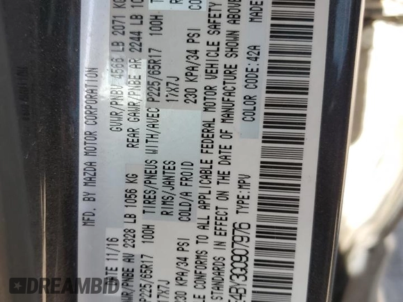 2016 Mazda CX-5 Sport with VIN JM3KE4BY3G0907976, listed as a Copart auction lot 85238414 with 92,933 mi miles and Salvage title. Bid and sale history available at DreamBid. Image 14.