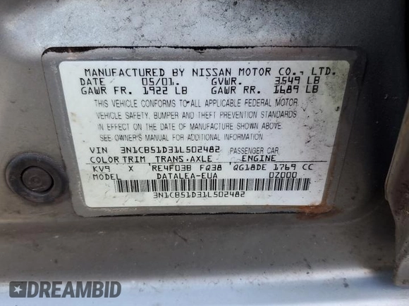 2001 Nissan Sentra GXE with VIN 3N1CB51D31L502482, listed as a Copart auction lot 50762195 with 185,455 mi miles and Salvage title. Bid and sale history available at DreamBid. Image 12.