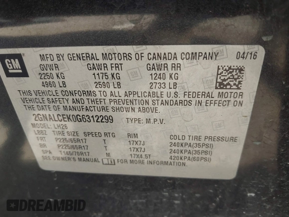 2016 Chevrolet Equinox LT with VIN 2GNALCEK0G6312299, listed as a IAAI auction lot 41969782 with 153,973 mi miles and . Bid and sale history available at DreamBid. Image 9.