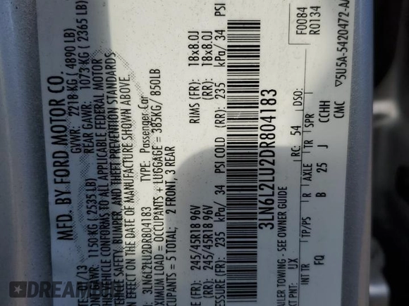 2013 Lincoln MKZ Hybrid с VIN 3LN6L2LU2DR804183, выставлен на аукционе Copart как лот 59609855 с пробегом 206 047 миль миль и Списание • Salvage title. История ставок и продаж доступна на DreamBid. Изображение 12.