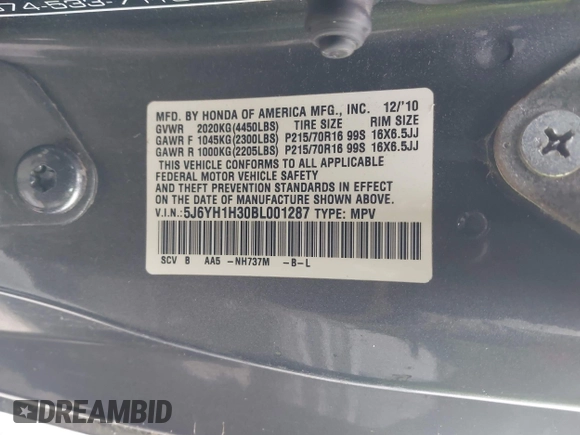 2011 Honda Element LX with VIN 5J6YH1H30BL001287, listed as a IAAI auction lot 42000725 with 207,016 mi miles and . Bid and sale history available at DreamBid. Image 9.