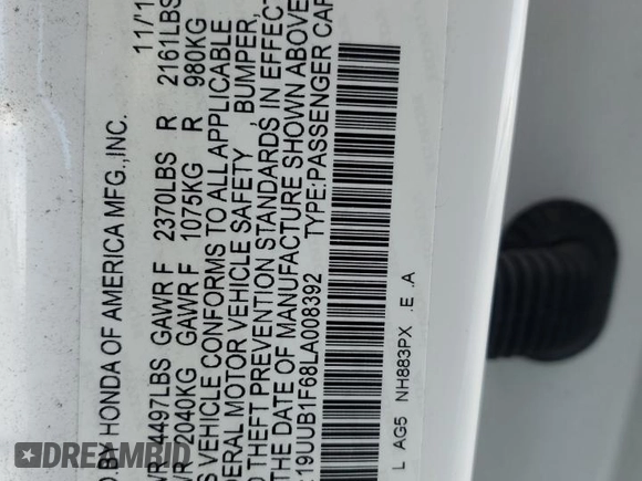 2020 Acura TLX w/A-Spec Pkg with VIN 19UUB1F68LA008392, listed as a Copart auction lot 49164575 with 68,829 mi miles and Salvage Title. Bid and sale history available at carsss.com. Image 12.