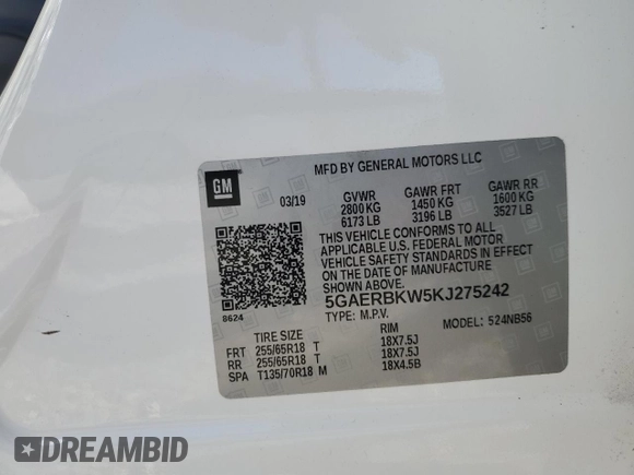 2019 Buick Enclave Essence with VIN 5GAERBKW5KJ275242, listed as a Copart auction lot 89411525 with 74,441 mi miles and Salvage Title. Bid and sale history available at DreamBid. Image 14.