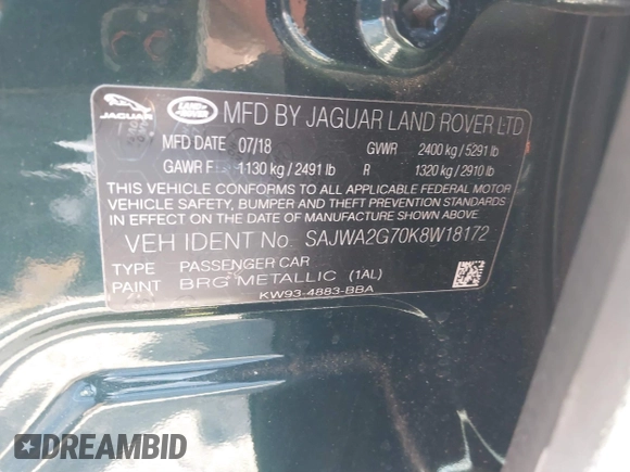 2019 Jaguar XJ Portfolio with VIN SAJWA2G70K8W18172, listed as a IAAI auction lot 41301895 with 13,037 mi miles and . Bid and sale history available at DreamBid. Image 9.