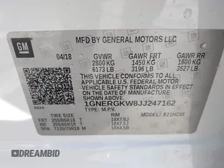 2018 Chevrolet Traverse LT Cloth with VIN 1GNERGKW8JJ247162, listed as a IAAI auction lot 41949401 with 89,513 mi miles. Bid and sale history available at carsss.com. Image 9.