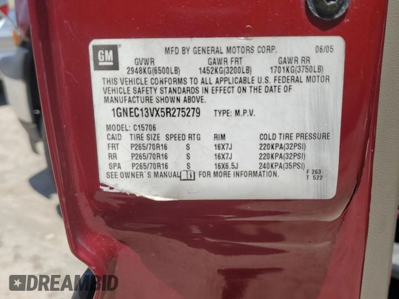 2005 Chevrolet Tahoe LS with VIN 1GNEC13VX5R275279, listed as a Copart auction lot 55914985 with 145,629 mi miles and Clean Title. Bid and sale history available at DreamBid. Image 13.
