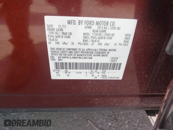 2015 Ford Edge SEL with VIN 2FMPK3J96FBC26148, listed as a IAAI auction lot 42096085 with 164,385 mi miles. Bid and sale history available at carsss.com. Image 9.
