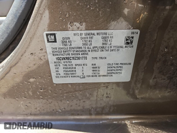2014 Chevrolet Silverado 1500 LT with VIN 1GCVKREC7EZ361770, listed as a Copart auction lot 53295155 with 152,444 mi miles and Salvage Title. Bid and sale history available at DreamBid. Image 12.
