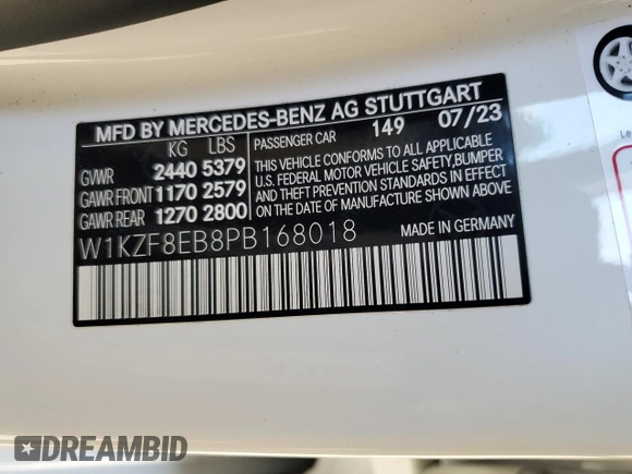 2023 Mercedes-Benz E 350 with VIN W1KZF8EB8PB168018, listed as a Copart auction lot 45576155 with 10,263 mi miles and Salvage Title. Bid and sale history available at DreamBid. Image 12.