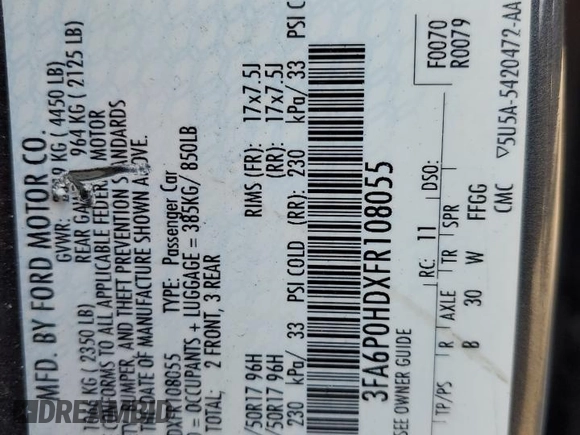 2015 Ford Fusion SE z VIN 3FA6P0HDXFR108055, wystawiony jako Copart lot #54801165 z przebiegiem 99 728 mil mil oraz Szkoda całkowita • Salvage title. Historia ofert i sprzedaży dostępna na DreamBid. Obrazek 12.