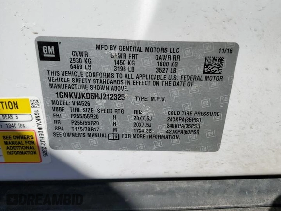 2017 Chevrolet Traverse Premier with VIN 1GNKVJKD5HJ212325, listed as a Copart auction lot 48358945 with Not Provided miles and Clean Title. Bid and sale history available at DreamBid. Image 12.