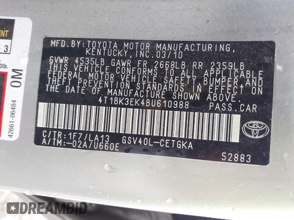 2011 Toyota Camry LE with VIN 4T1BK3EK4BU610988, listed as a IAAI auction lot 41941865 with 122,850 mi miles. Bid and sale history available at carsss.com. Image 9.