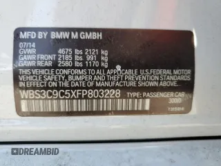 2015 BMW M3 with VIN WBS3C9C5XFP803228, listed as a Copart auction lot 52173245 with 105,597 mi miles and Salvage title. Bid and sale history available at DreamBid. Image 12.