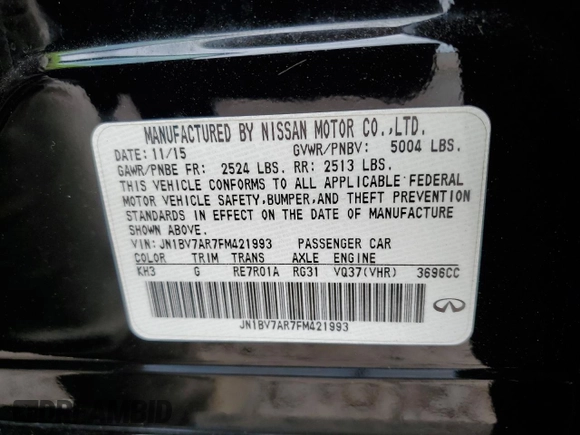 2015 Infiniti Q50 z VIN JN1BV7AR7FM421993, wystawiony jako Copart lot #60709065 z przebiegiem Nie podano mil oraz Szkoda całkowita • Salvage title. Historia ofert i sprzedaży dostępna na DreamBid. Obrazek 12.