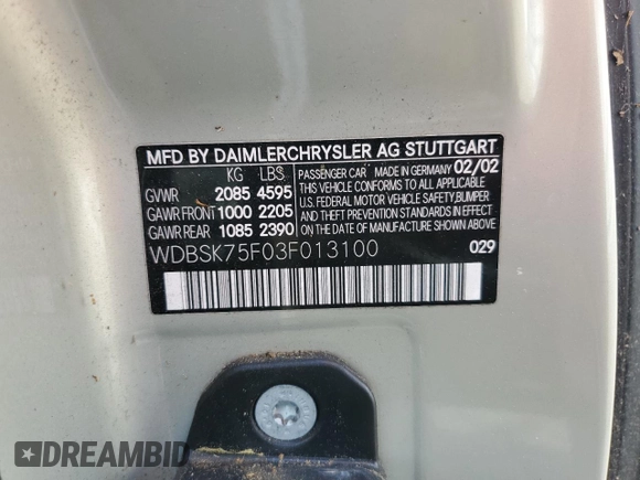 2003 Mercedes-Benz SL 500 z VIN WDBSK75F03F013100, wystawiony jako Copart lot #51124485 z przebiegiem Nie podano mil oraz Czysty tytuł • Clean title. Historia ofert i sprzedaży dostępna na DreamBid. Obrazek 12.