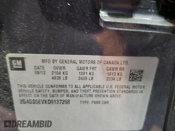 2013 Buick Regal Turbo Premium 1 with VIN 2G4GS5EVXD9137268, listed as a Copart auction lot 54311135 with 106,517 mi miles and Salvage title. Bid and sale history available at DreamBid. Image 12.