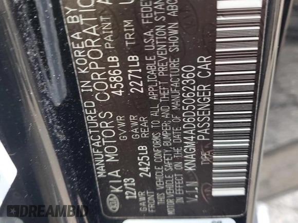 2013 Kia Optima EX with VIN KNAGM4AD6D5062360, listed as a Copart auction lot 60754425 with 156,886 mi miles and Salvage title. Bid and sale history available at DreamBid. Image 12.