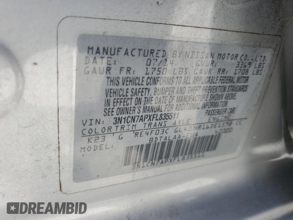 2015 Nissan Versa SV with VIN 3N1CN7APXFL835511, listed as a Copart auction lot 54105085 with 168,382 mi miles and Salvage Title. Bid and sale history available at carsss.com. Image 12.