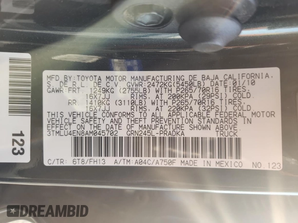 2010 Toyota Tacoma with VIN 3TMLU4EN8AM045702, listed as a Copart auction lot 63617625 with 138,247 mi miles and Salvage title. Bid and sale history available at DreamBid. Image 12.