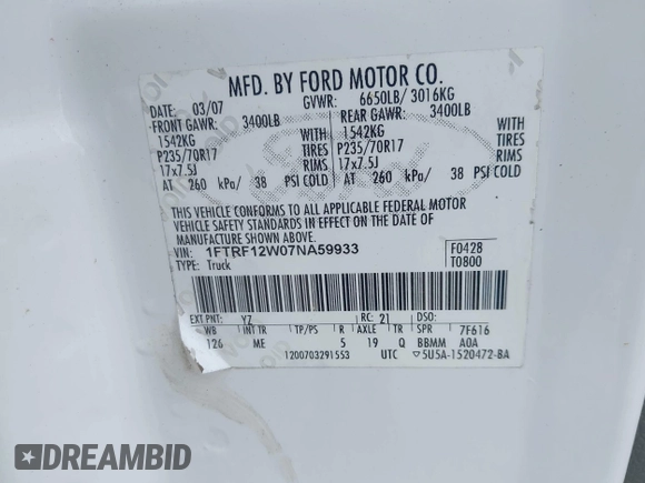 2007 Ford F-150 XL z VIN 1FTRF12W07NA59933, wystawiony jako IAAI lot #42491520 z przebiegiem Nie podano mil oraz . Historia ofert i sprzedaży dostępna na DreamBid. Obrazek 9.
