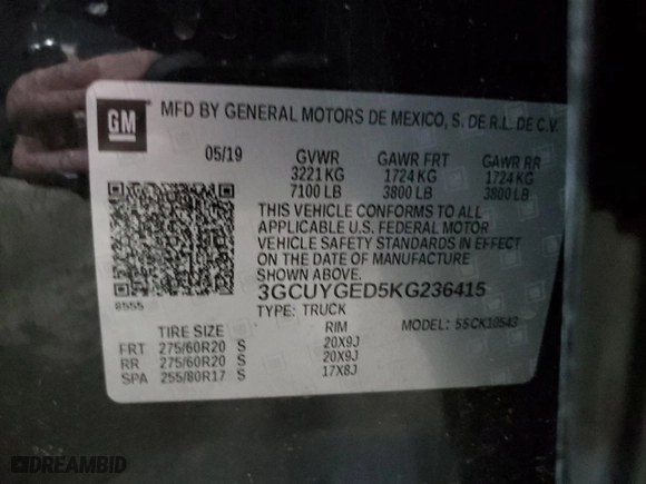 2019 Chevrolet Silverado 1500 LTZ with VIN 3GCUYGED5KG236415, listed as a Copart auction lot 42930565 with 0 mi miles and Clean Title. Bid and sale history available at carsss.com. Image 14.