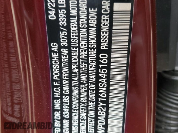 2022 Porsche Taycan 4S with VIN WP0AB2Y16NSA45160, listed as a Copart auction lot 55658565 with 30,165 mi miles and Salvage Title. Bid and sale history available at DreamBid. Image 12.