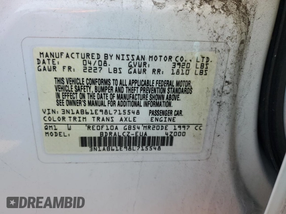 2008 Nissan Sentra 2.0 z VIN 3N1AB61E98L715548, wystawiony jako Copart lot #52384545 z przebiegiem 69 102 mil mil oraz Szkoda całkowita • Salvage title. Historia ofert i sprzedaży dostępna na DreamBid. Obrazek 14.