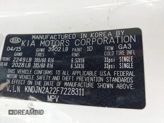 2015 Kia Soul with VIN KNDJN2A22F7228311, listed as a IAAI auction lot 41680343 with 116,503 mi miles. Bid and sale history available at carsss.com. Image 9.