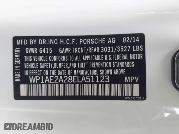 2014 Porsche Cayenne S Hybrid with VIN WP1AE2A28ELA51123, listed as a IAAI auction lot 42091475 with 41,341 mi miles and . Bid and sale history available at DreamBid. Image 9.