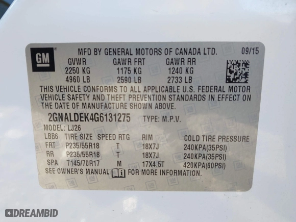 2016 Chevrolet Equinox LTZ with VIN 2GNALDEK4G6131275, listed as a IAAI auction lot 41369680 with 77,994 mi miles. Bid and sale history available at carsss.com. Image 9.