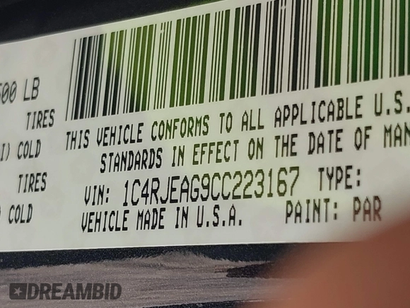 2012 Jeep Grand Cherokee Laredo with VIN 1C4RJEAG9CC223167, listed as a IAAI auction lot 42136098 with 152,715 mi miles. Bid and sale history available at carsss.com. Image 9.