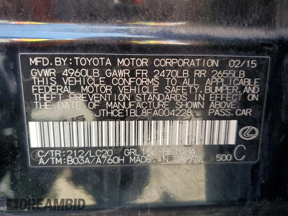 2015 Lexus GS 350 with VIN JTHCE1BL8FA004228, listed as a Copart auction lot 60404835 with 218,374 mi miles and Clean title. Bid and sale history available at DreamBid. Image 12.