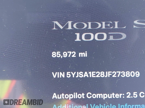 2018 Tesla Model S 75D with VIN 5YJSA1E28JF273809, listed as a IAAI auction lot 42029434 with 85,972 mi miles and . Bid and sale history available at DreamBid. Image 15.
