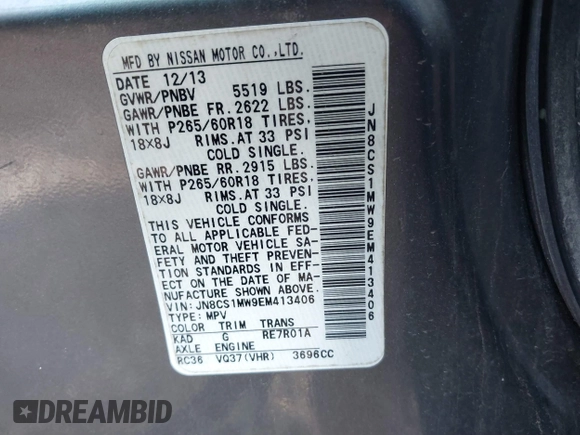 2014 Infiniti QX70 с VIN JN8CS1MW9EM413406, выставлен на аукционе IAAI как лот 41909387 с пробегом 123 957 миль миль и . История ставок и продаж доступна на DreamBid. Изображение 9.
