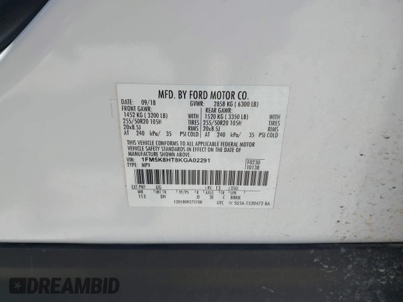 2019 Ford Explorer Platinum с VIN 1FM5K8HT8KGA02291, выставлен на аукционе IAAI как лот 42313377 с пробегом 126 752 миль миль и . История ставок и продаж доступна на DreamBid. Изображение 9.