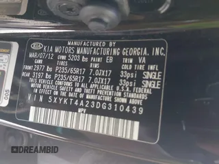 2013 Kia Sorento LX with VIN 5XYKT4A23DG310439, listed as a IAAI auction lot 42546201 with 234,287 mi miles and . Bid and sale history available at DreamBid. Image 9.