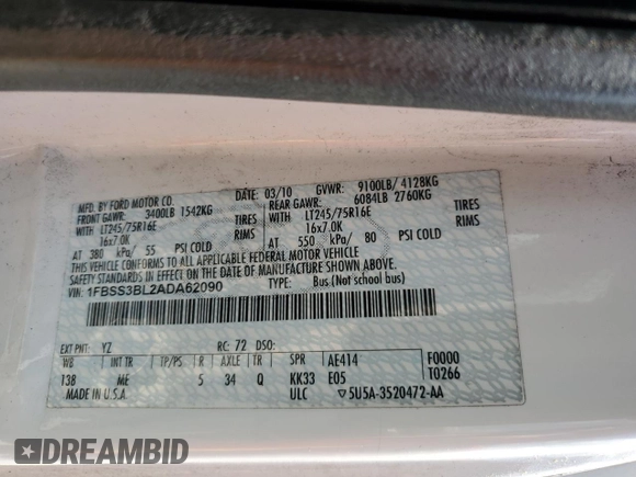 2010 Ford Econoline Passenger XL with VIN 1FBSS3BL2ADA62090, listed as a Copart auction lot 55746564 with Not Provided miles and Clean Title. Bid and sale history available at DreamBid. Image 13.