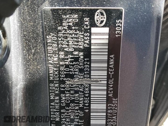 2008 Toyota Camry LE z VIN 4T4BE46K88R013921, wystawiony jako Copart lot #72229094 z przebiegiem 120 851 mil mil oraz Szkoda całkowita • Salvage title. Historia ofert i sprzedaży dostępna na DreamBid. Obrazek 12.