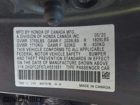 2020 Honda Civic LX with VIN 2HGFC2F67LH551651, listed as a IAAI auction lot 41861966 with 205,619 mi miles and . Bid and sale history available at DreamBid. Image 9.