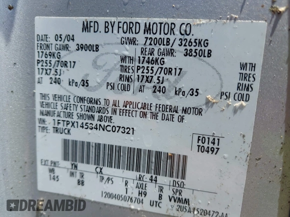2004 Ford F-150 XLT с VIN 1FTPX14534NC07321, выставлен на аукционе IAAI как лот 42560770 с пробегом Не указан миль и . История ставок и продаж доступна на DreamBid. Изображение 9.