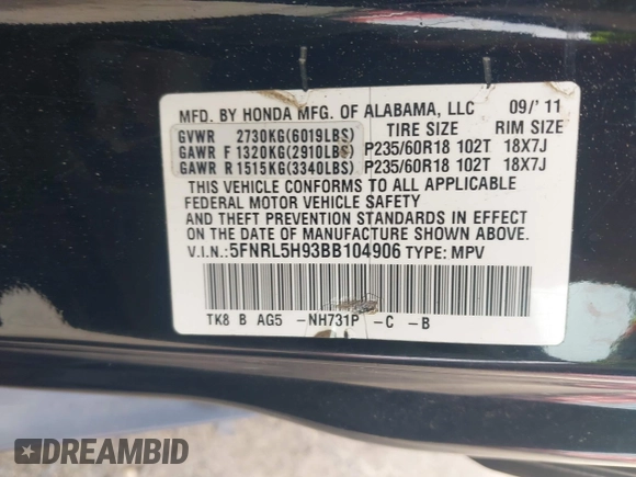 2011 Honda Odyssey Touring with VIN 5FNRL5H93BB104906, listed as a IAAI auction lot 42371279 with 183,856 mi miles and . Bid and sale history available at DreamBid. Image 9.