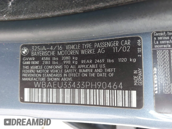 2003 BMW 3 Series 325xi with VIN WBAEU33433PH90464, listed as a IAAI auction lot 41994953 with 220,522 mi miles and . Bid and sale history available at DreamBid. Image 9.