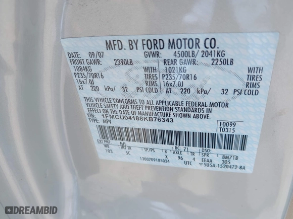 2008 Ford Escape Limited with VIN 1FMCU04188KB76343, listed as a IAAI auction lot 41975218 with 258,847 mi miles. Bid and sale history available at carsss.com. Image 9.